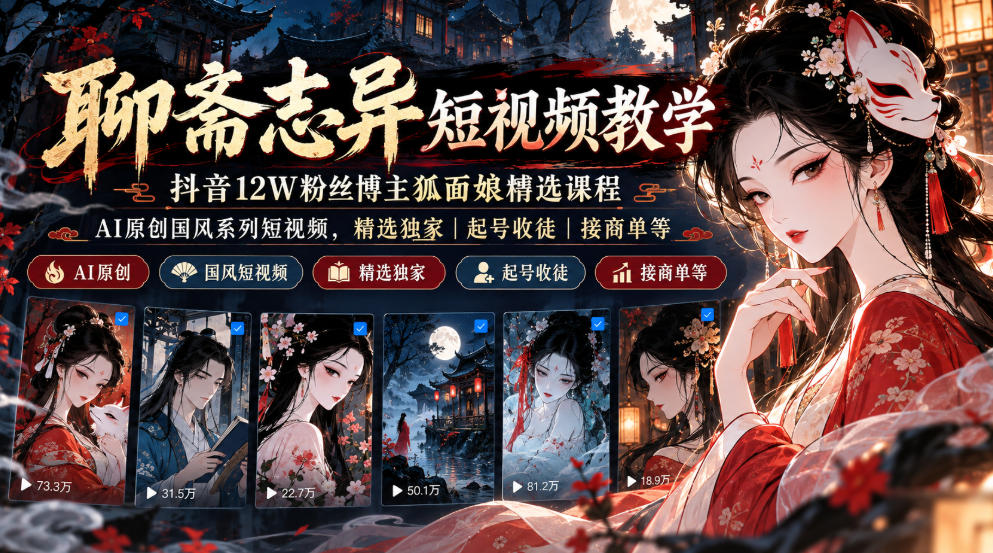 聊斋志异短视频教学，抖音12W粉丝博主狐面娘精选课程，AI原创国风系列短视频，精选独家丨起号收徒丨接商单等-藏宝阁