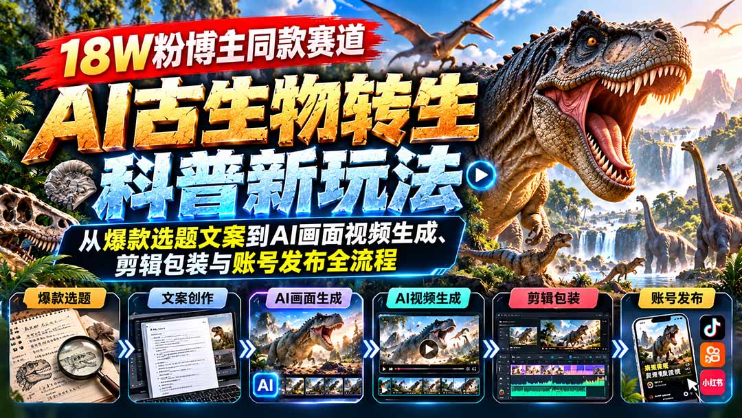 18W粉博主同款赛道-AI古生物转生科普新玩法：从爆款选题文案到AI画面视频生成、剪辑包装与账号发布全流程-藏宝阁