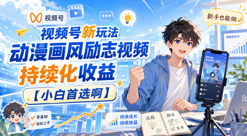 视频号新玩法动漫画风励志视频，持续化收益【小白首选啊】-藏宝阁