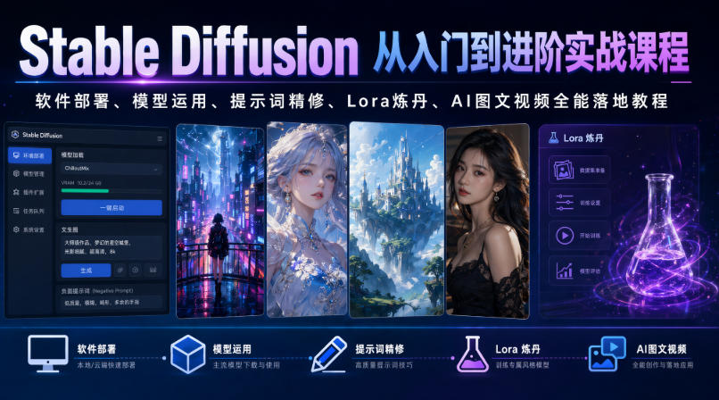 Stable Diffusion从入门到进阶实战课程｜软件部署、模型运用、提示词精修、Lora炼丹、AI图文视频全能落地教程-藏宝阁