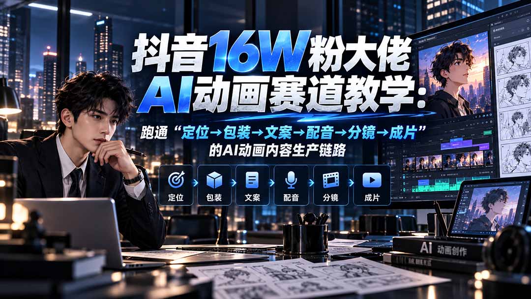 抖音16W粉大佬规则门禁AI动画赛道教学：跑通“定位→包装→文案→配音→分镜→成片”的AI动画内容生产链路-藏宝阁