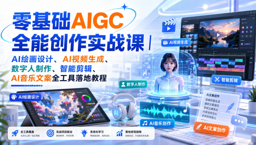 零基础AIGC全能创作实战课｜AI绘画设计、AI视频生成、数字人制作、智能剪辑、AI音乐文案全工具落地教程-藏宝阁