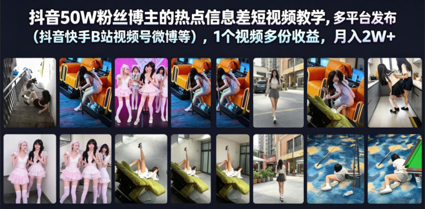 抖音50W粉丝博主的热点信息差教学，多平台发布(抖音快手B站视频号微博等)，1个视频多份收益，月入2W+-藏宝阁