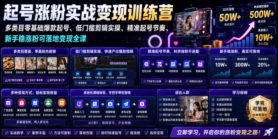苗子起号涨粉实战变现训练营，多类目零基础爆款起号、精准起号节奏、新手稳涨粉可落地变现全课(更新0719)-藏宝阁
