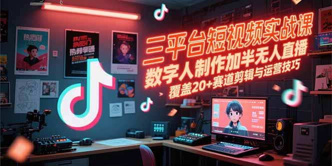 三平台短视频实战课，数字人制作加半无人直播，覆盖20+赛道剪辑与运营技巧-藏宝阁