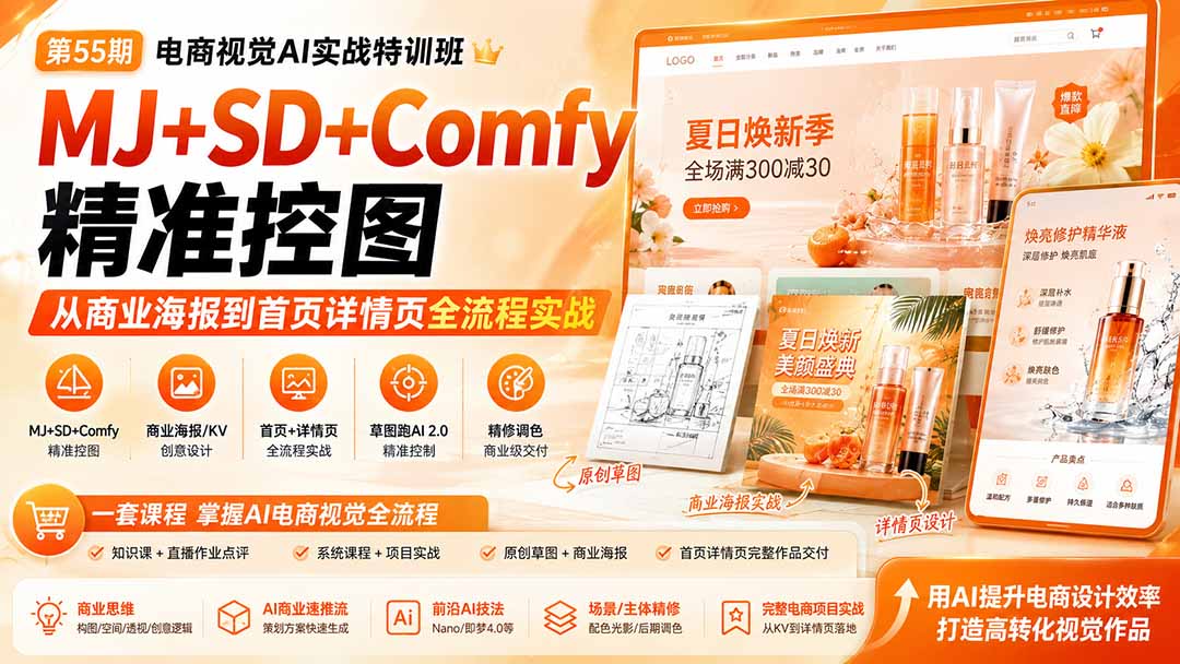 电商视觉 AI实战训练营第55期：MJ+SD+Comfy精准控图，从商业海报到首页详情页全流程实战-藏宝阁