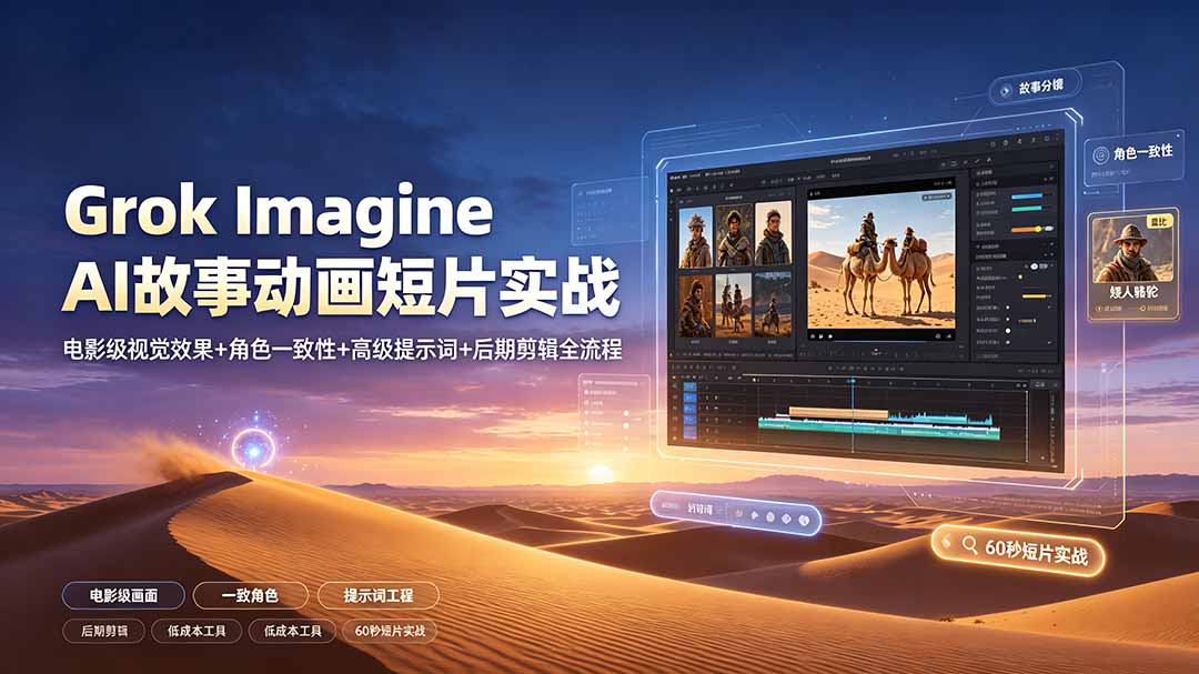 Grok Imagine AI故事动画短片实战：电影级视觉效果+角色一致性+高级提示词+后期剪辑全流程-藏宝阁