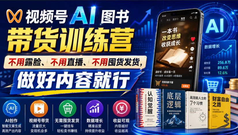 视频号AI图书带货训练营，不用露脸、不用直播、不用囤货发货，做好内容就行，一条爆款视频佣金8942-藏宝阁