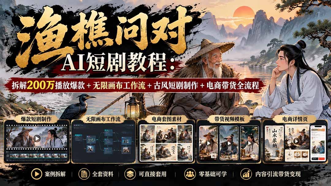 【无水印】渔樵问对AI短剧教程：拆解200万播放爆款+无限画布工作流+古风短剧制作+电商带货全流程-藏宝阁