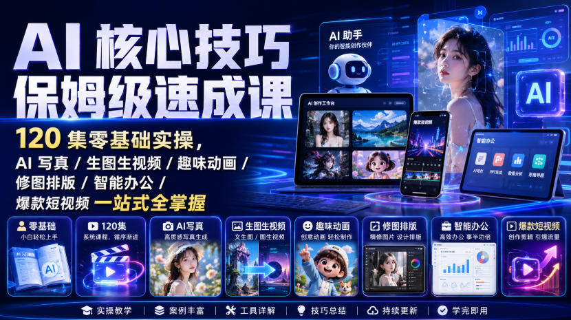 AI核心技巧保姆级速成课｜120集零基础实操，AI写真/生图生视频/趣味动画/修图排版/智能办公/爆款短视频一站式全掌握(更新)-藏宝阁