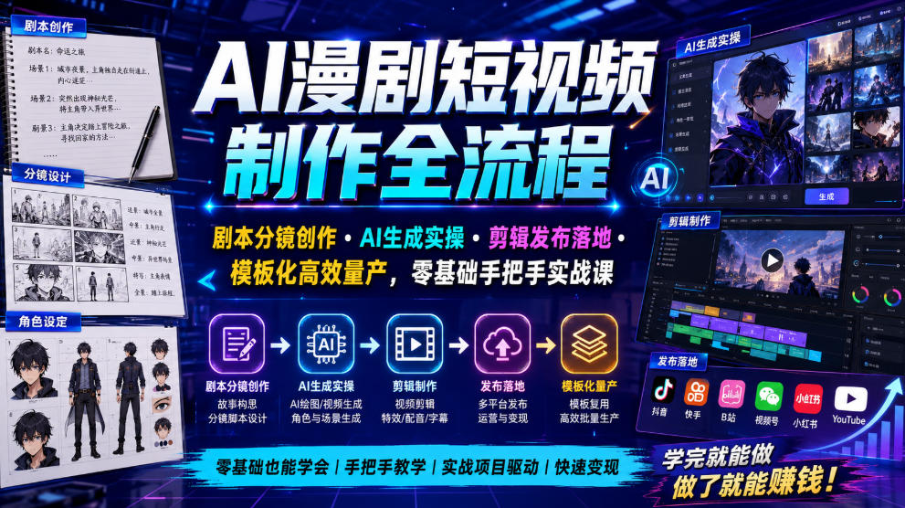 AI漫剧短视频制作全流程｜剧本分镜创作・AI生成实操・剪辑发布落地・模板化高效量产，零基础手把手实战课-藏宝阁