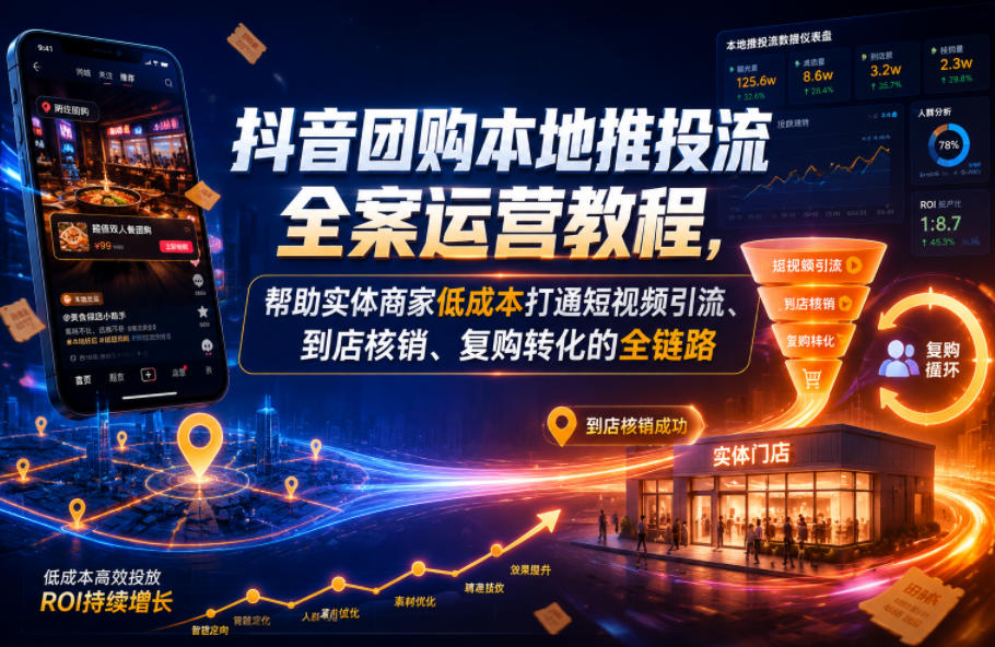 抖音团购本地推投流全案运营教程，帮助实体商家低成本打通短视频引流、到店核销、复购转化的全链路-藏宝阁