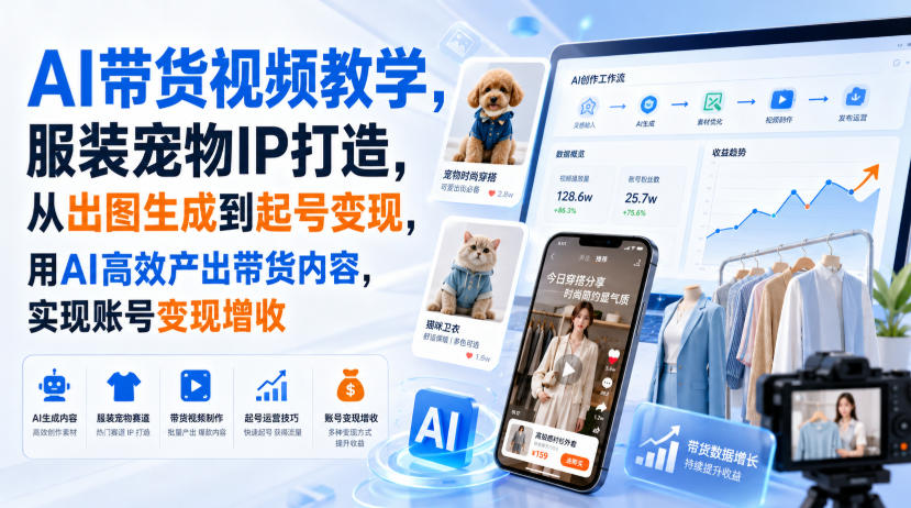 AI带货视频教学，服装宠物IP打造，从出图生成到起号变现，用AI高效产出带货内容，实现账号变现增收-藏宝阁