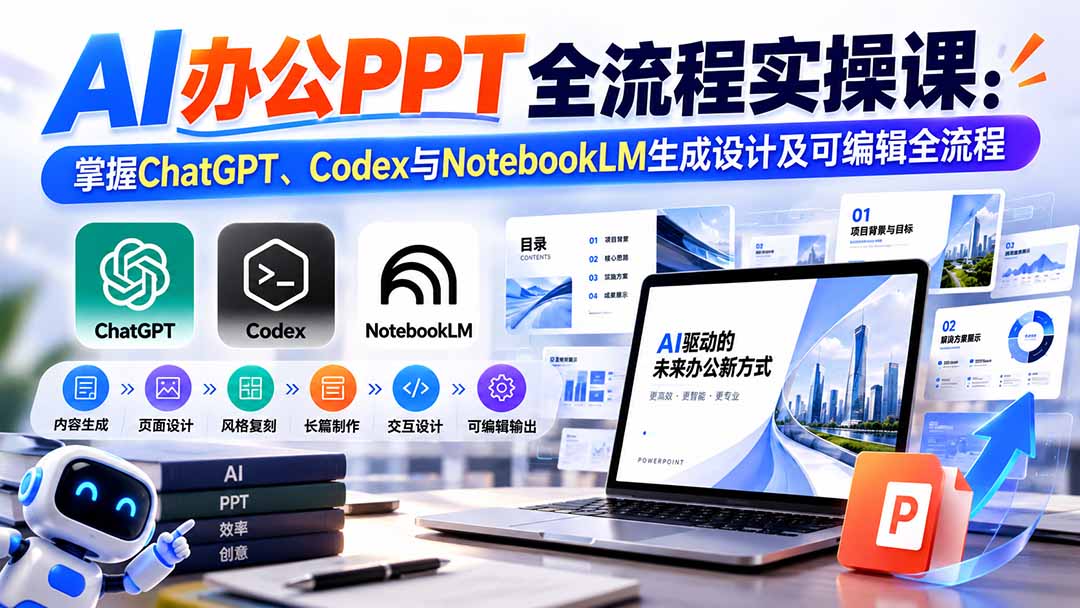 【无水印】AI办公PPT全流程实操课： 掌握ChatGPT、Codex与NotebookLM生成设计及可编辑全流程-藏宝阁