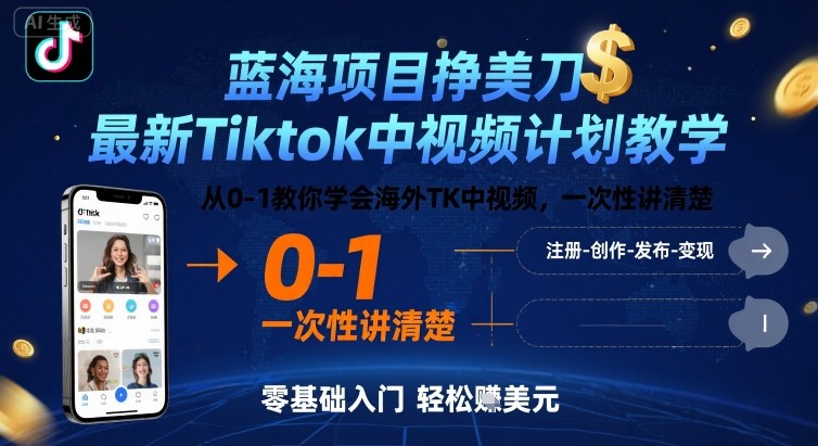 蓝海项目挣美刀，最新Tiktok中视频计划教学，从0-1教你学会海外TK中视频，一次性讲清楚-藏宝阁