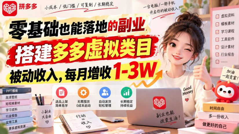 零基础也能落地的副业，搭建多多虚拟类目被动收入，每月增收1-3W【揭秘】-藏宝阁