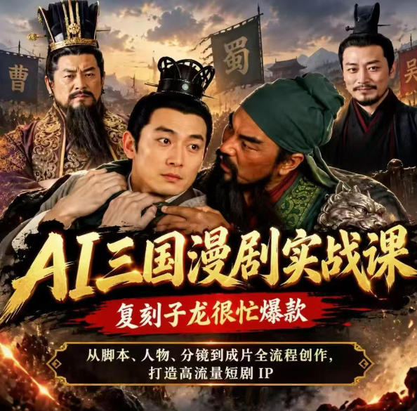 抖音14W粉博主同款AI三国漫剧实战课，复刻子龙很忙爆款，从脚本、人物、分镜到成片全流程创作，打造高流量短剧IP-藏宝阁