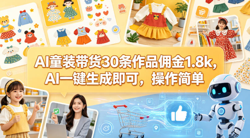 AI童装带货30条作品佣金1.8k，AI一键生成即可，操作简单-藏宝阁
