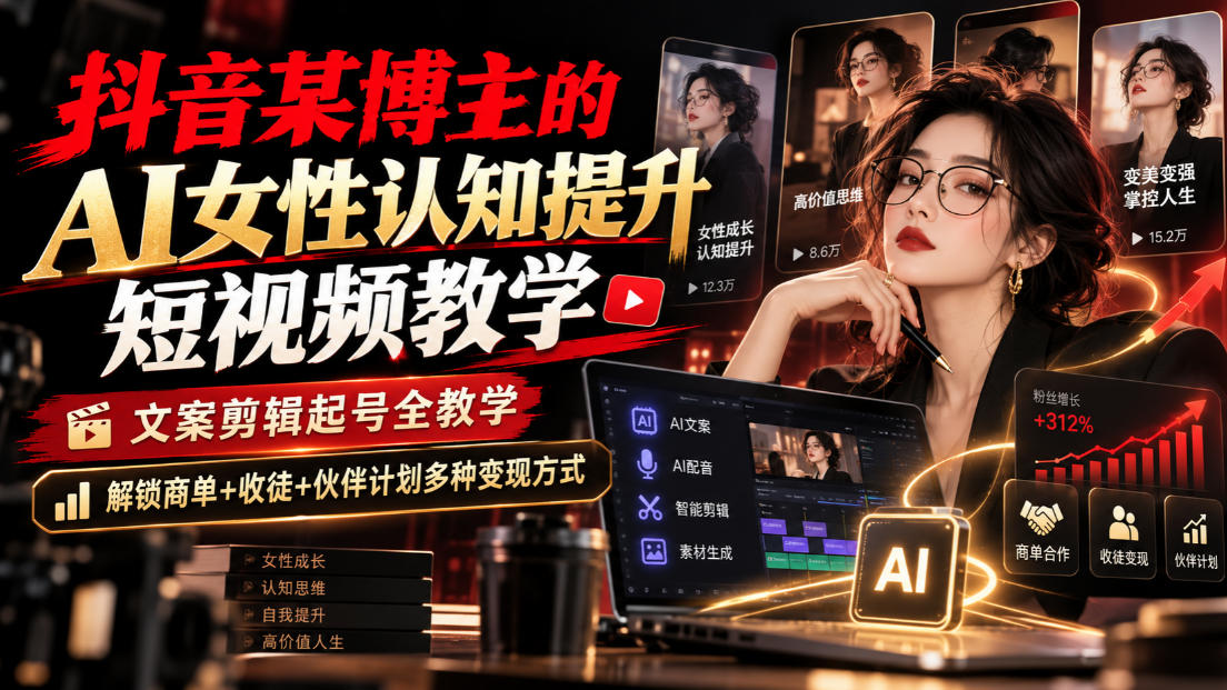 抖音某博主的Ai女性认知提升短视频教学，文案剪辑起号全教学，解锁商单+收徒+伙伴计划多种变现方式-藏宝阁