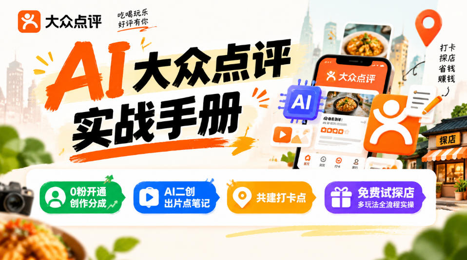 某局的AI大众点评实战手册，0粉开通创作分成、AI二创出片点笔记、共建打卡点、免费试探店多玩法全流程实操-藏宝阁