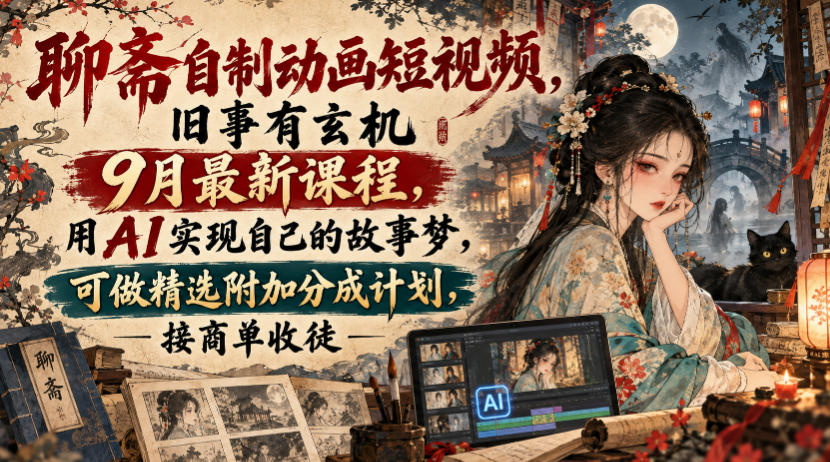 聊斋自制动画短视频，旧事有玄机9月最新课程，用AI实现自己的故事梦，可做精选附加分成计划，接商单收徒-藏宝阁
