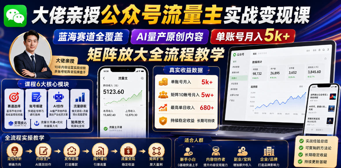 大佬亲授公众号流量主实战变现课，蓝海赛道全覆盖，AI量产原创内容，单账号月入5k+矩阵放大全流程教学-藏宝阁