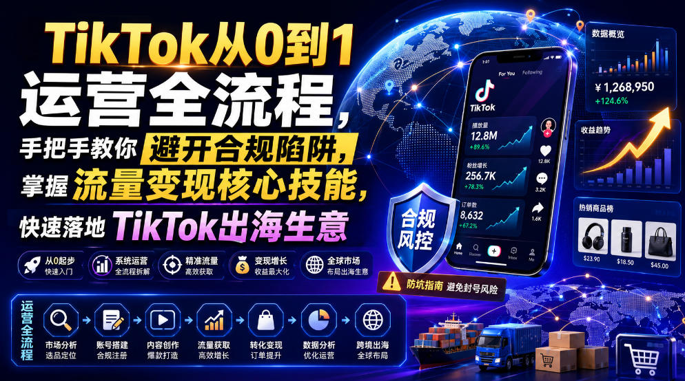 TikTok从0到1运营全流程，手把手教你避开合规陷阱，掌握流量变现核心技能，快速落地TikTok出海生意(更新8月)-藏宝阁