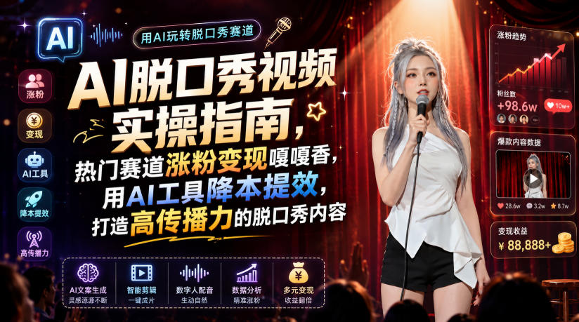 AI脱口秀视频实操指南，热门赛道涨粉变现嘎嘎香，用AI工具降本提效，打造高传播力的脱口秀内容-藏宝阁