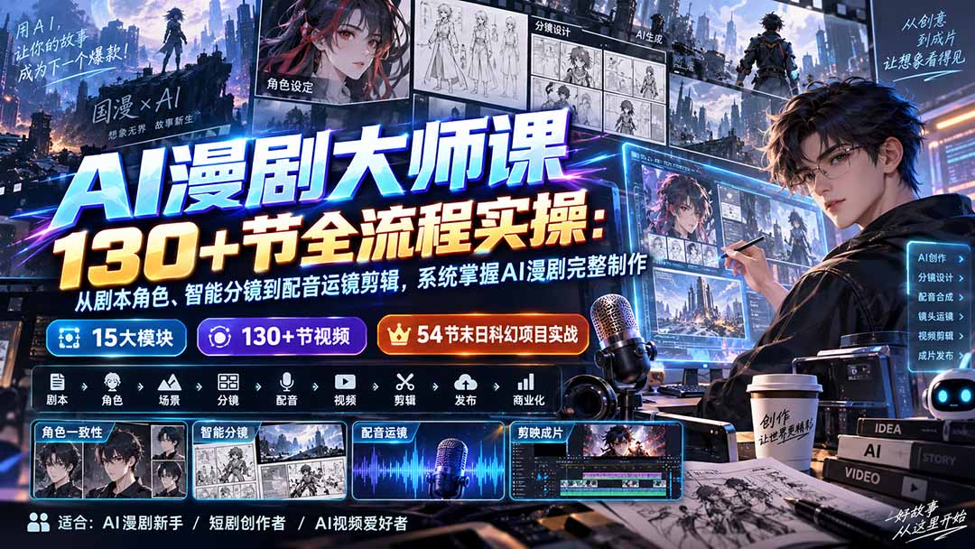 AI漫剧大师课130+节全流程实操：从剧本角色、智能分镜到配音运镜剪辑，系统掌握AI漫剧完整制作-藏宝阁