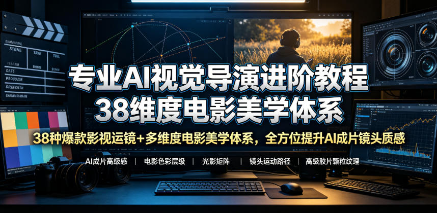 专业AI视觉导演进阶教程，38种爆款影视运镜+多维度电影美学体系，全方位提升AI成片高级感与镜头质感-藏宝阁
