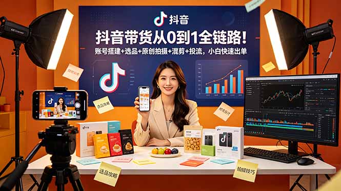 抖音带货从0到1全链路！账号搭建+选品+原创拍摄+混剪+投流，小白快速出单-藏宝阁