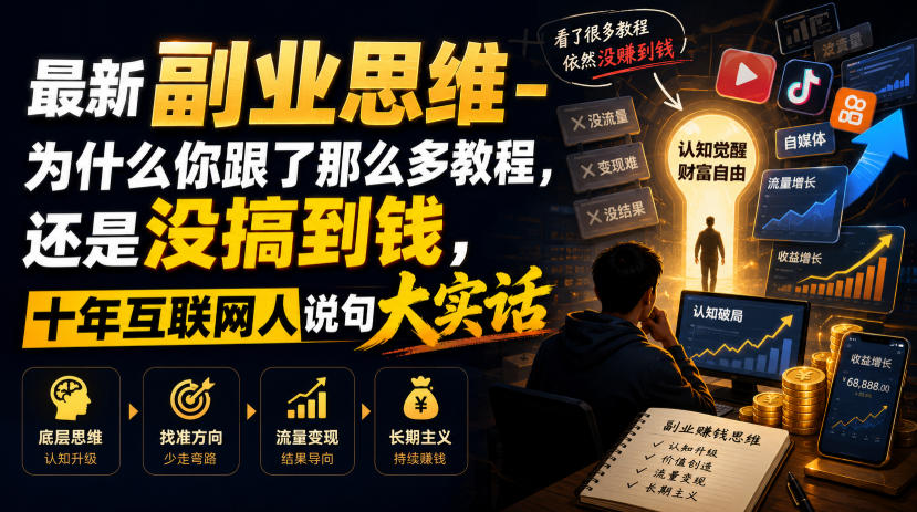 最新副业思维-为什么你跟了那么多教程，还是没搞到钱，十年互联网人说句大实话【揭秘】-藏宝阁