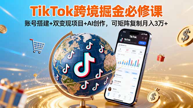 TikTo跨境掘金必修课，账号搭建+双变现项目+AI创作，可矩阵复制月入3万+-藏宝阁