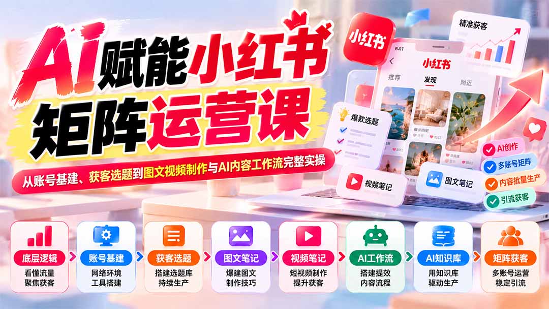 AI赋能小红书矩阵运营课：从账号基建、获客选题到图文视频制作与AI内容工作流完整实操-藏宝阁