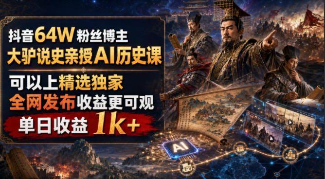抖音64W粉丝博主大驴说史亲授AI历史课，可以上精选独家，全网发布收益更可观，单日收益1k+-藏宝阁
