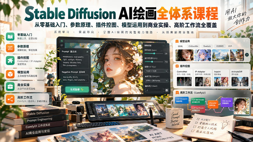 【无水印】Stable Diffusion AI绘画全体系课程，从零基础入门、参数原理、插件控图、模型运用到商业实操、高阶工作流全覆盖-藏宝阁