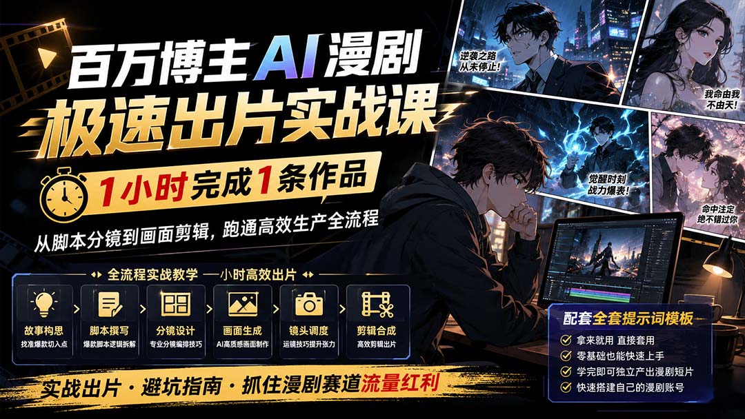 百万博主AI漫剧极速出片实战课：1小时产出条作品，从脚本分镜到画面剪辑，跑通高效生产全流程-藏宝阁