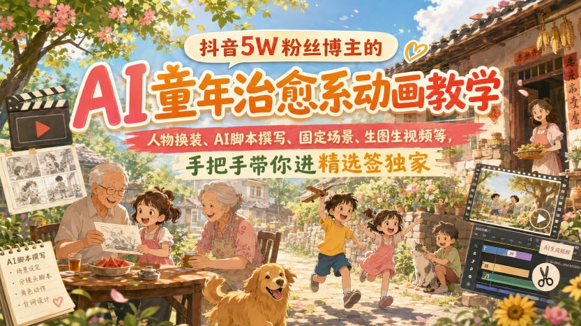 抖音5W粉丝博主的AI童年治愈系动画教学，人物换装、AI脚本撰写、固定场景、生图生视频等，手把手带你进精选签独家-藏宝阁