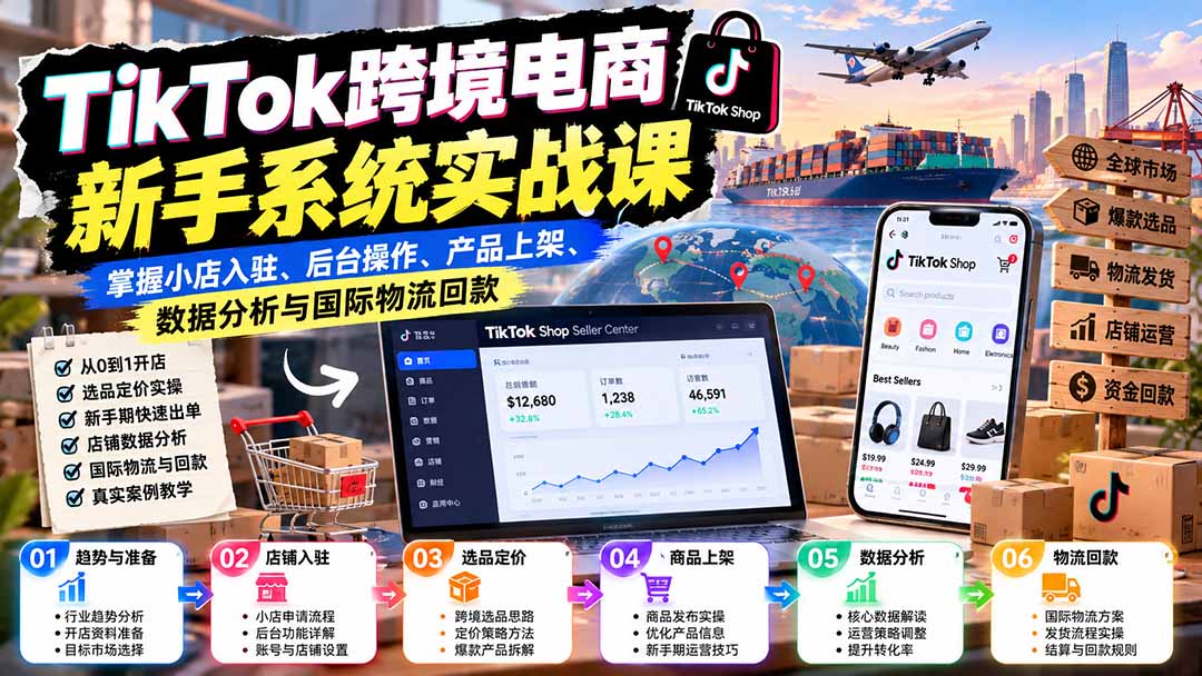 TikTok跨境电商新手系统实战课：掌握小店入驻、后台操作、产品上架、数据分析与国际物流回款-藏宝阁