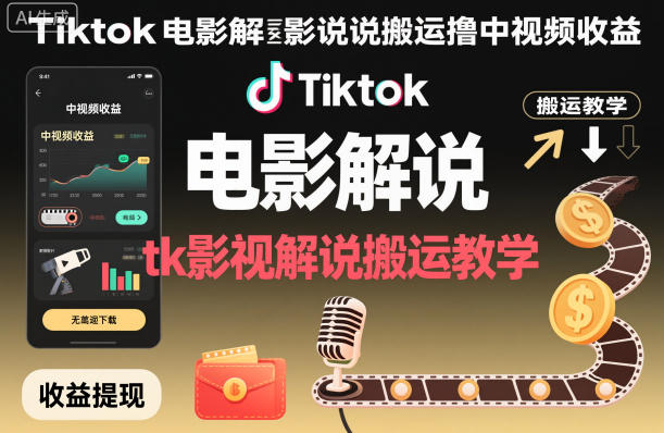 Tiktok电影解说搬运撸中视频收益，tk影视解说搬运教学-藏宝阁