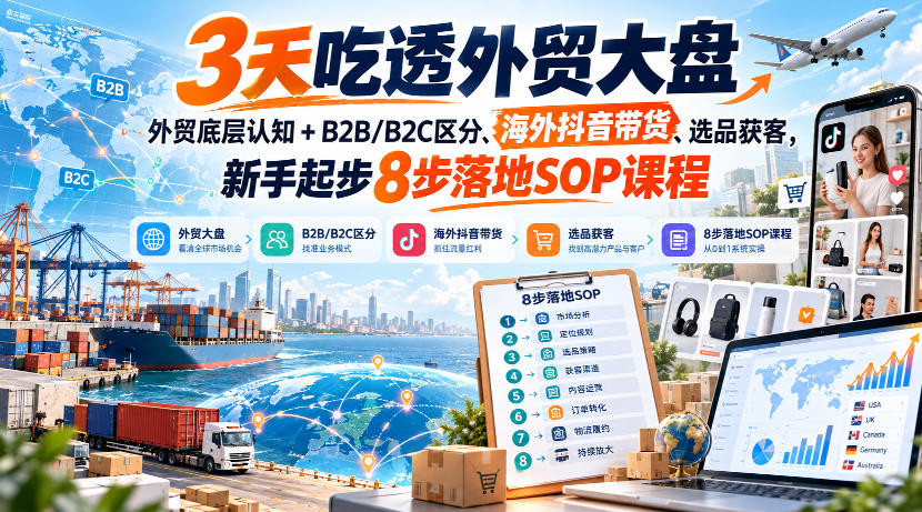 3天吃透外贸大盘，外贸底层认知+B2B/B2C区分、海外抖音带货、选品获客，新手起步8步落地SOP课程-藏宝阁