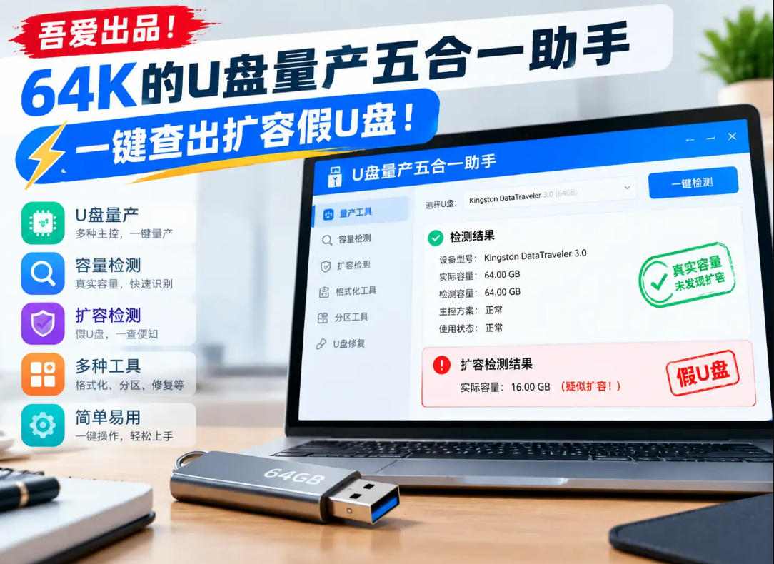 吾爱出品！64K的U盘量产五合一助手，一键查出扩容假U盘！-藏宝阁