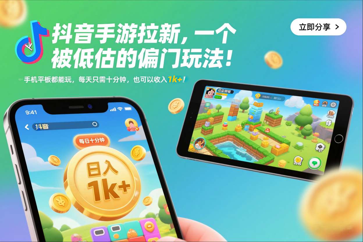 抖音手游拉新，一个被低估的偏门玩法！手机平板都能玩，每天只需十分钟，也可以收入1k+【揭秘】-藏宝阁