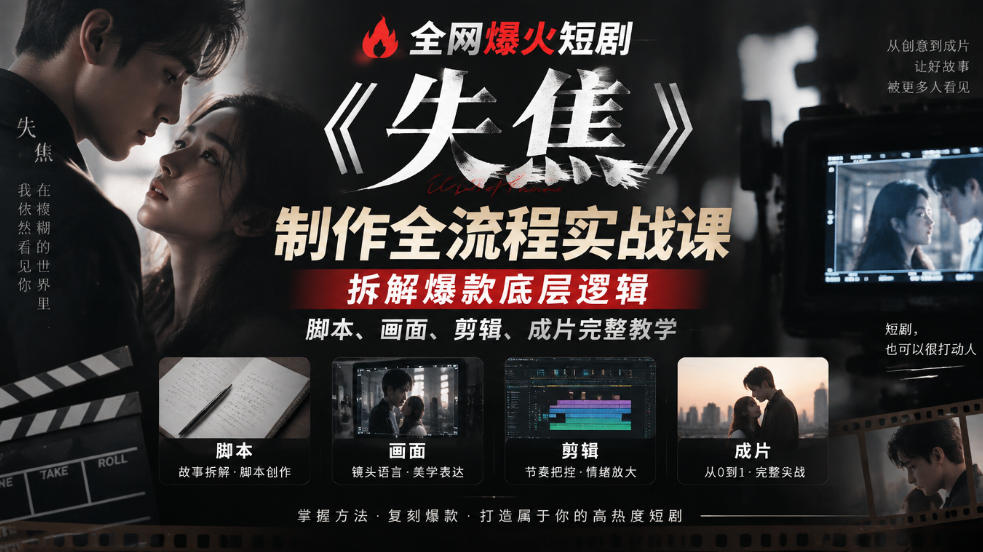 全网爆火短剧《失焦》制作全流程实战课｜拆解爆款底层逻辑，脚本、画面、剪辑、成片完整教学-藏宝阁
