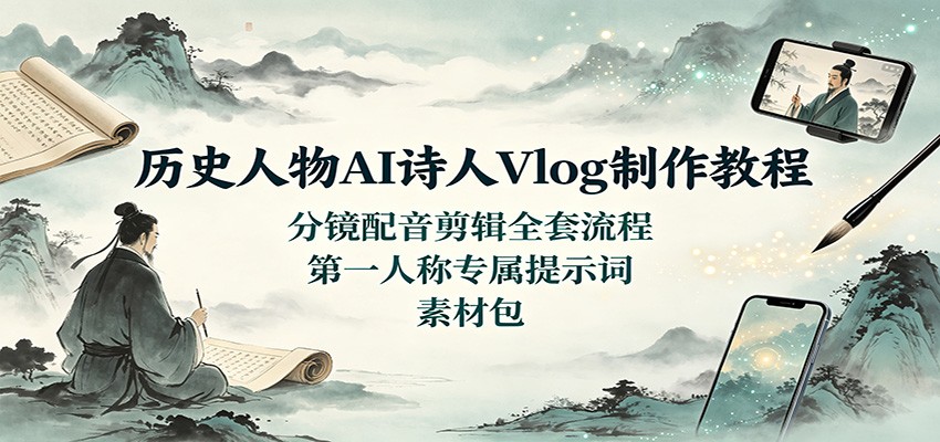 历史人物AI诗人Vlog制作教程：分镜配音剪辑全套流程，第一人称专属提示词素材包-藏宝阁