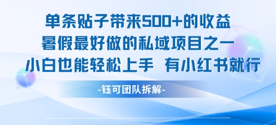 单条贴子带来5张的收益，暑假最好做的私域项目之一，小白也能轻松上手，有小红书就行-藏宝阁