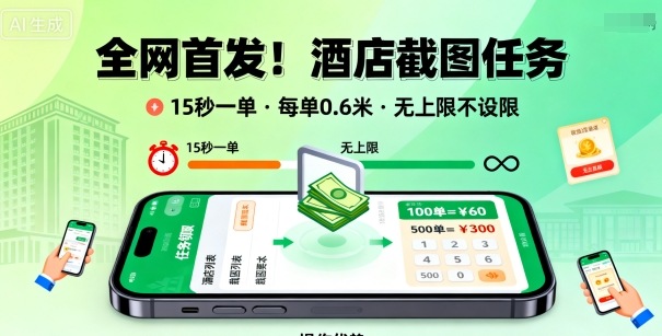 全网首发！酒店截图任务，15秒一单，每单0.6米，任务无上限不设限，矩阵操作单日3张到手【揭秘】-藏宝阁