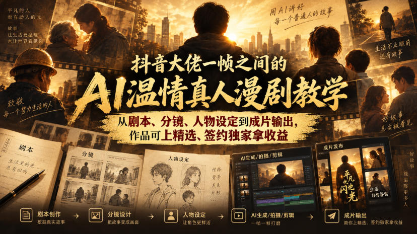 抖音大佬一帧之间的AI温情真人漫剧教学，从剧本、分镜、人物设定到成片输出，作品可上精选、签约独家拿收益-藏宝阁