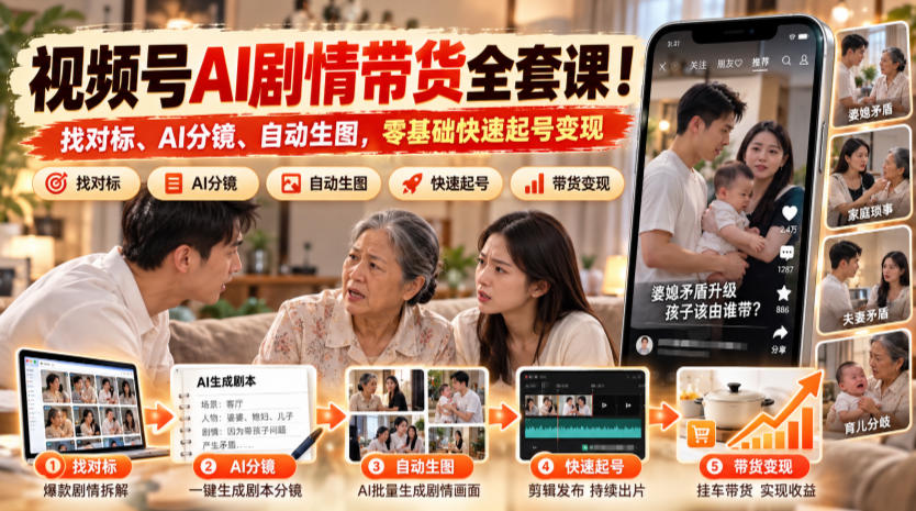 视频号AI剧情带货全套课！找对标、AI分镜、自动生图，零基础快速起号变现-藏宝阁