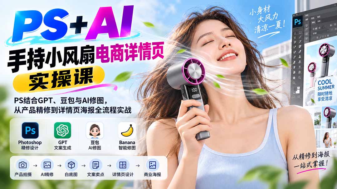 PS+AI手持小风扇电商详情页实操课：PS结合GPT、豆包与AI修图，从产品精修到详情页海报全流程实战-藏宝阁